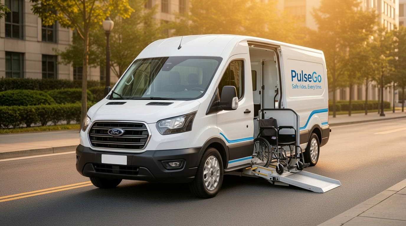 An accessible medical transport van with a deployed wheelchair lift ramp, ready for passengers